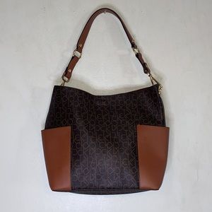CALVIN KLEIN REVERSIBLE CK MONOGRAM BROWN TOTE SHOULDER PURSE & POUCH
